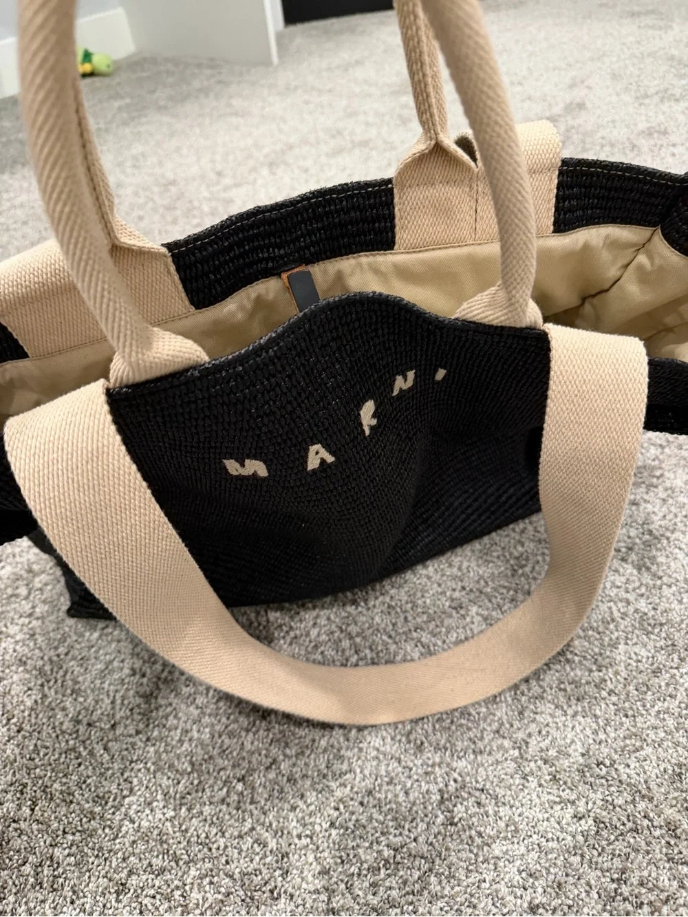 Marni Black Woven Tote with Cream Handles